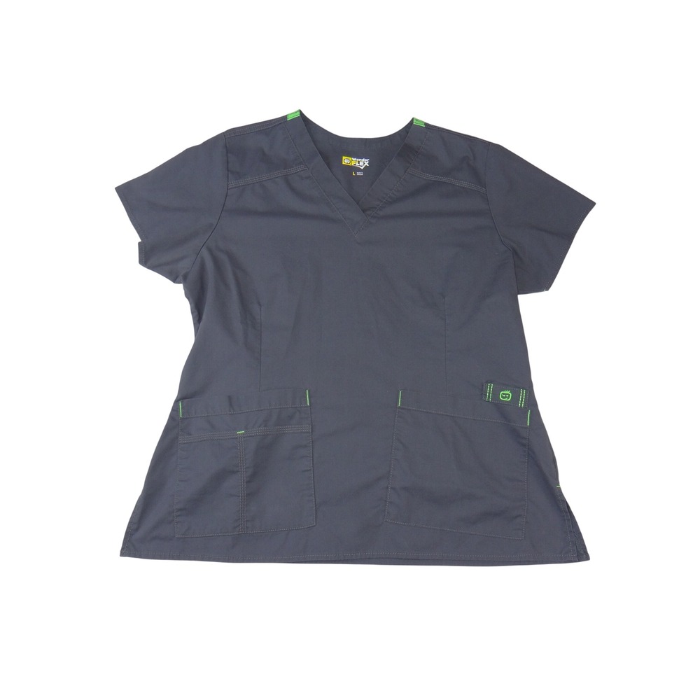 WonderWink WonderFLEX Scrub Top Gray Lime Green V-Neck Medical Uniform Large